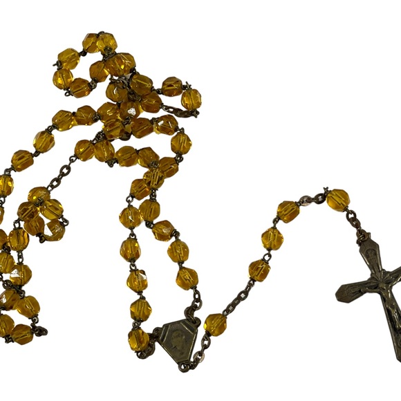 Vintage Amber glass bead crystal Crucifix necklace Catholic Rosalry religious - Picture 3 of 14